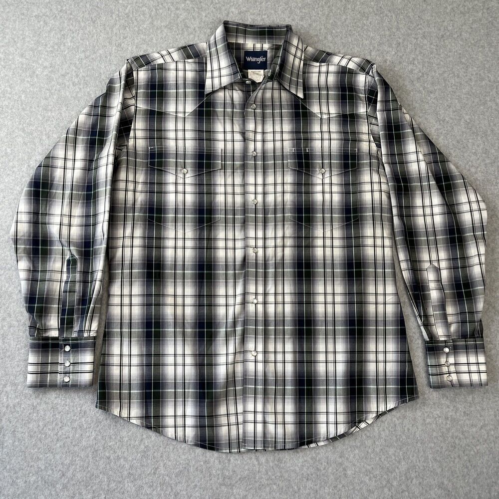 Wrangler Shirt Mens Large L Western Cowboy Rodeo Pearl Snap Plaid Button Up‎